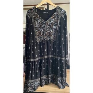 Style & Co. Black Paisley Peasant Dress Boho Indie Tiered Ruffle Hem Size Large
